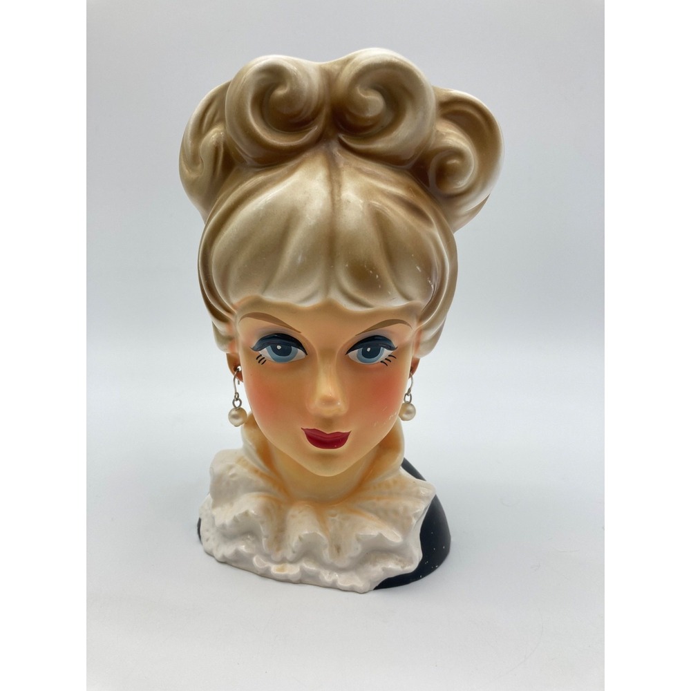 Vintage Rubens Originals Blonde Lady Head Vase Pearl Earrings Ruffle Collar 7"